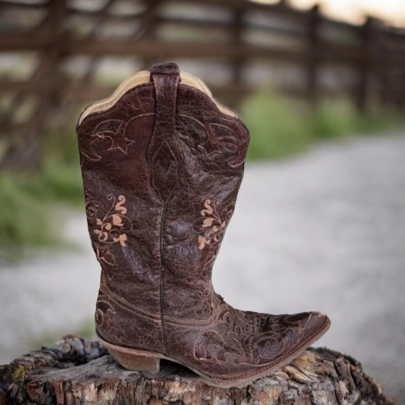 Corral Shoes - Vintage CORRAL Lizard Inlay Hand Tooled Cowgirl Western Boots 10 Wedding RARE